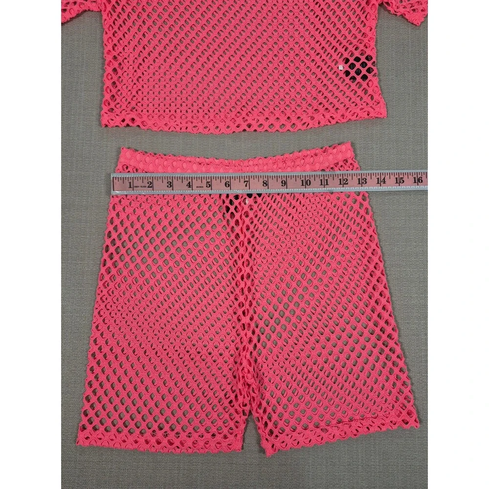American Leisure Pink Mesh Two Piece Swimsuit Cover Up Crop Top Shorts Set S